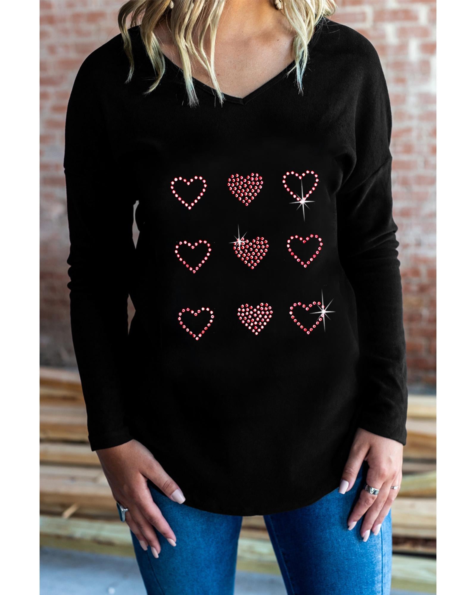 Azura Exchange Rhinestone Heart Pattern Long Sleeve Tee - S Secondary image