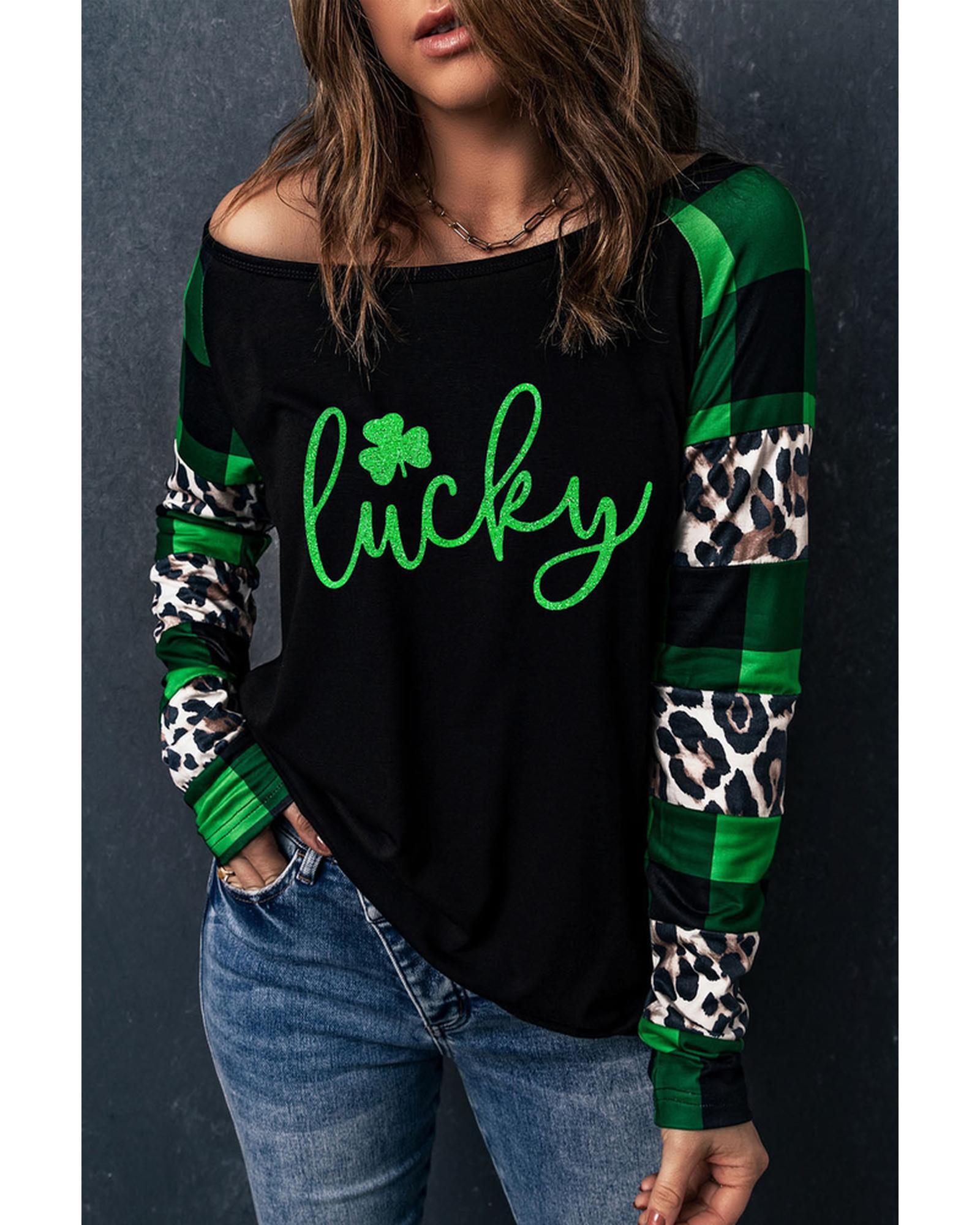 Azura Exchange Lucky Clover Glitter Pattern Leopard Plaid Top - M Main image