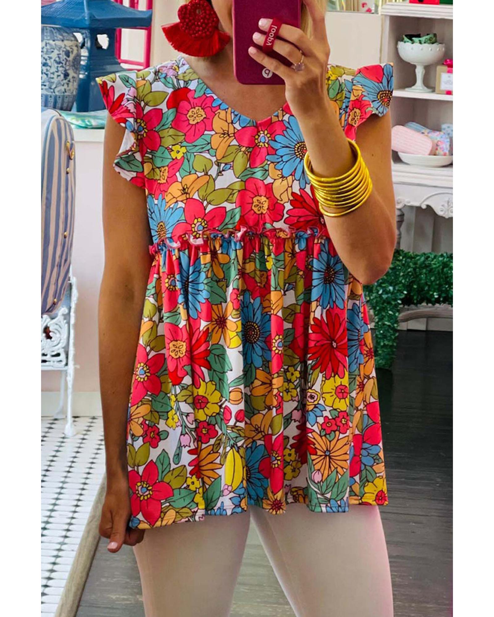 Azura Exchange V Neck Ruffled Floral Babydoll Top - L Main image