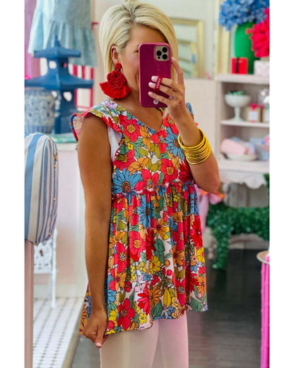 Azura Exchange V Neck Ruffled Floral Babydoll Top - L