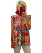 Azura Exchange V Neck Ruffled Floral Babydoll Top - L