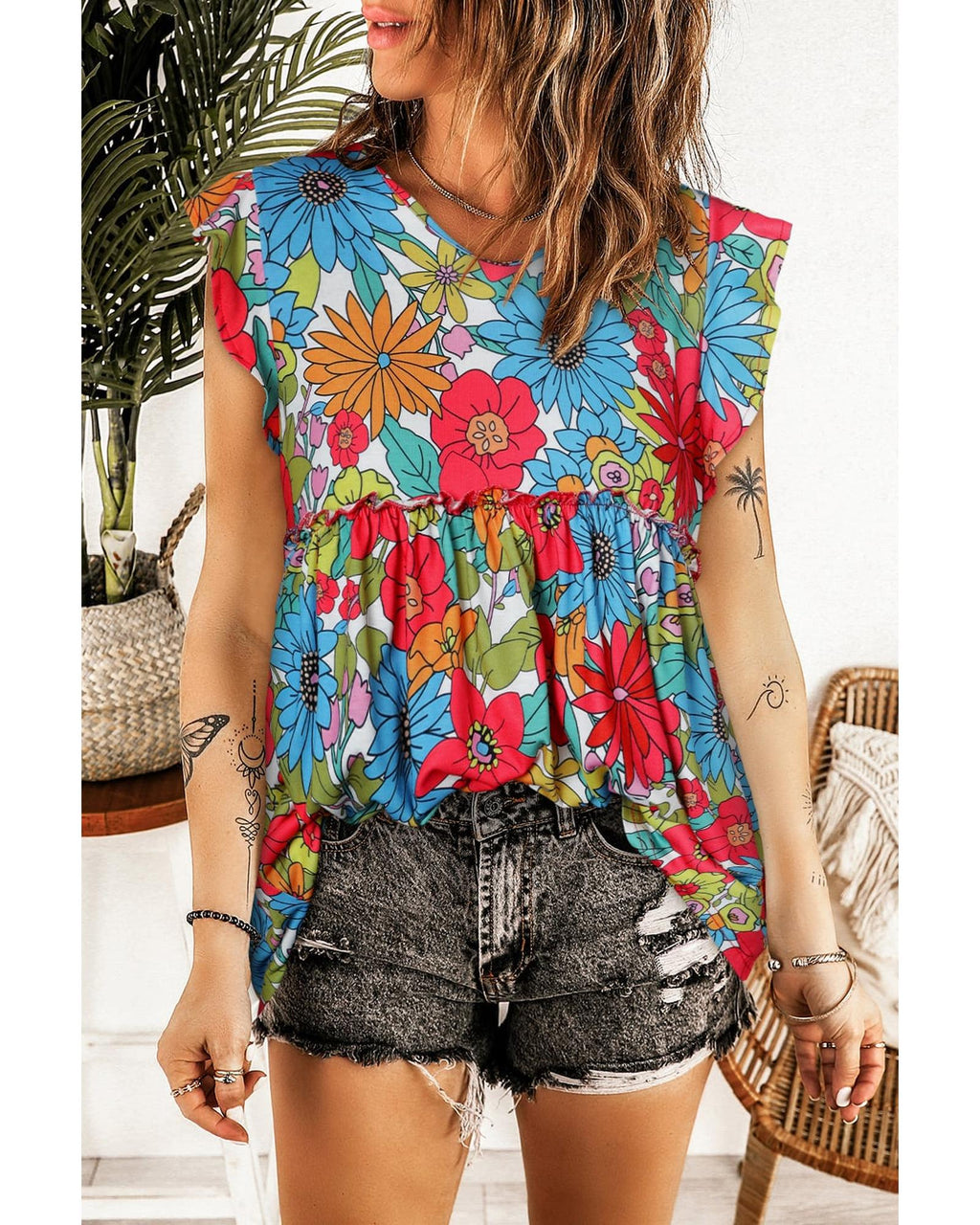 Azura Exchange V Neck Ruffled Floral Babydoll Top - L