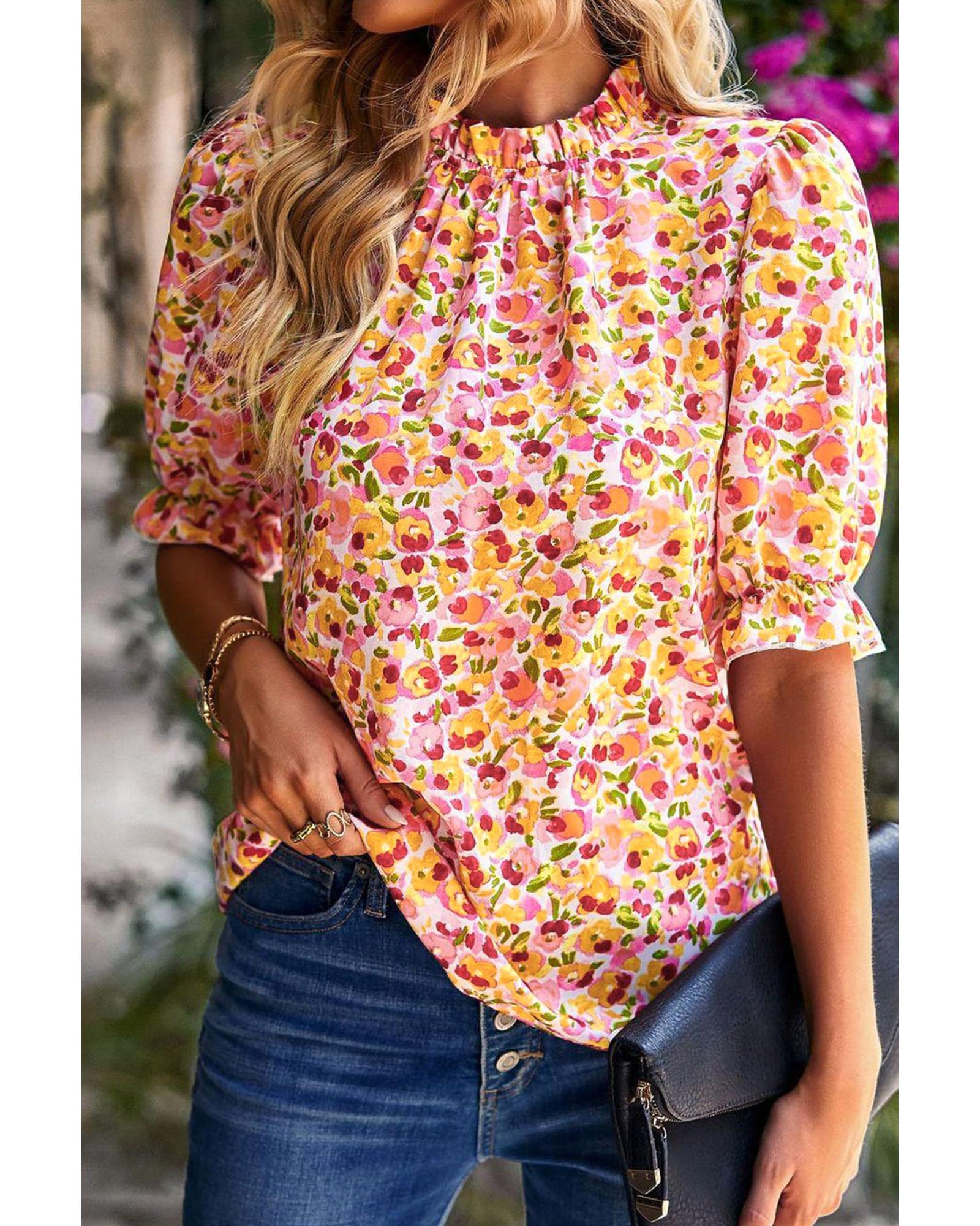 Azura Exchange Floral Ruffle Mock Neck Blouse - S Main image