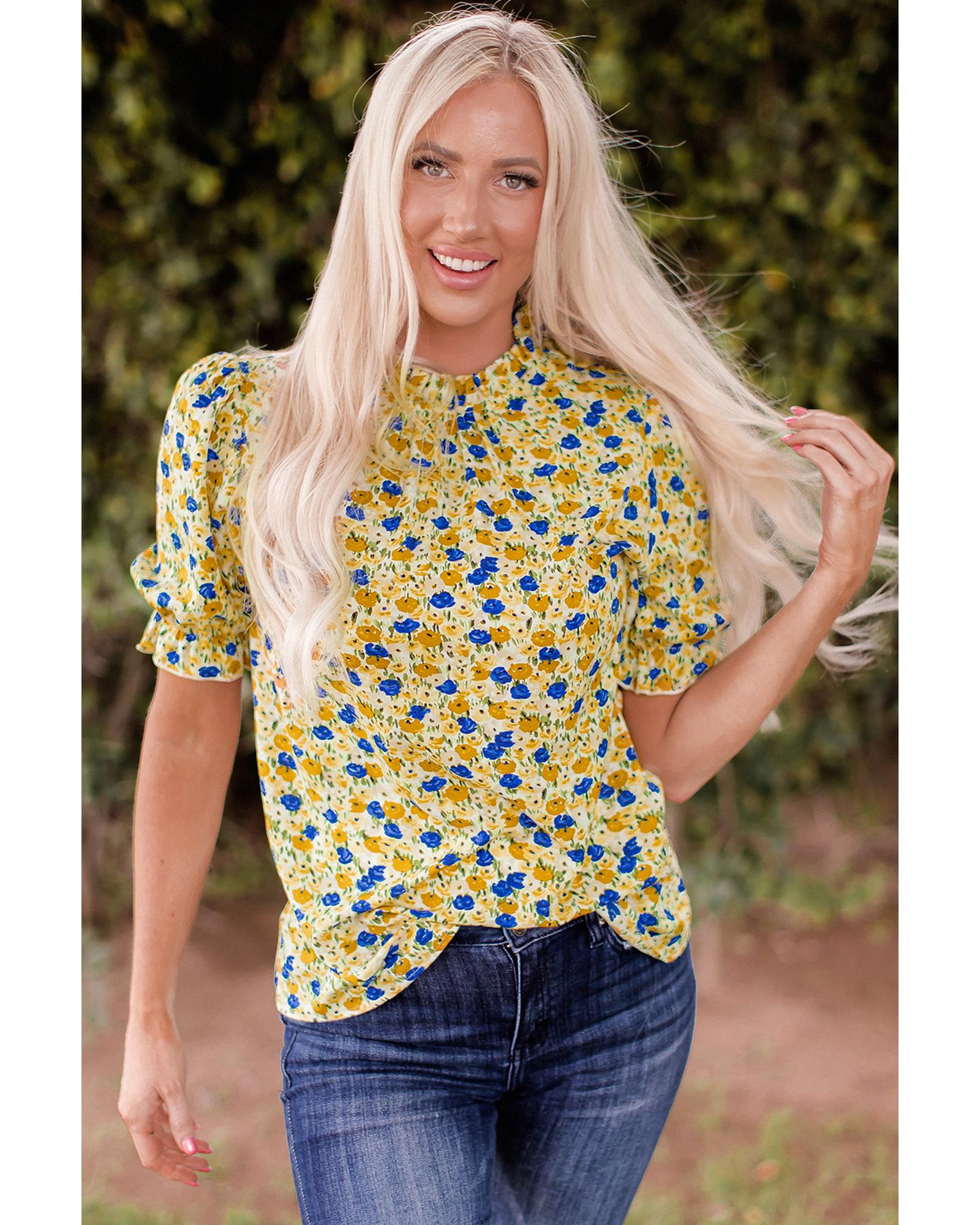 Azura Exchange Floral Ruffle Mock Neck Blouse - S Main image