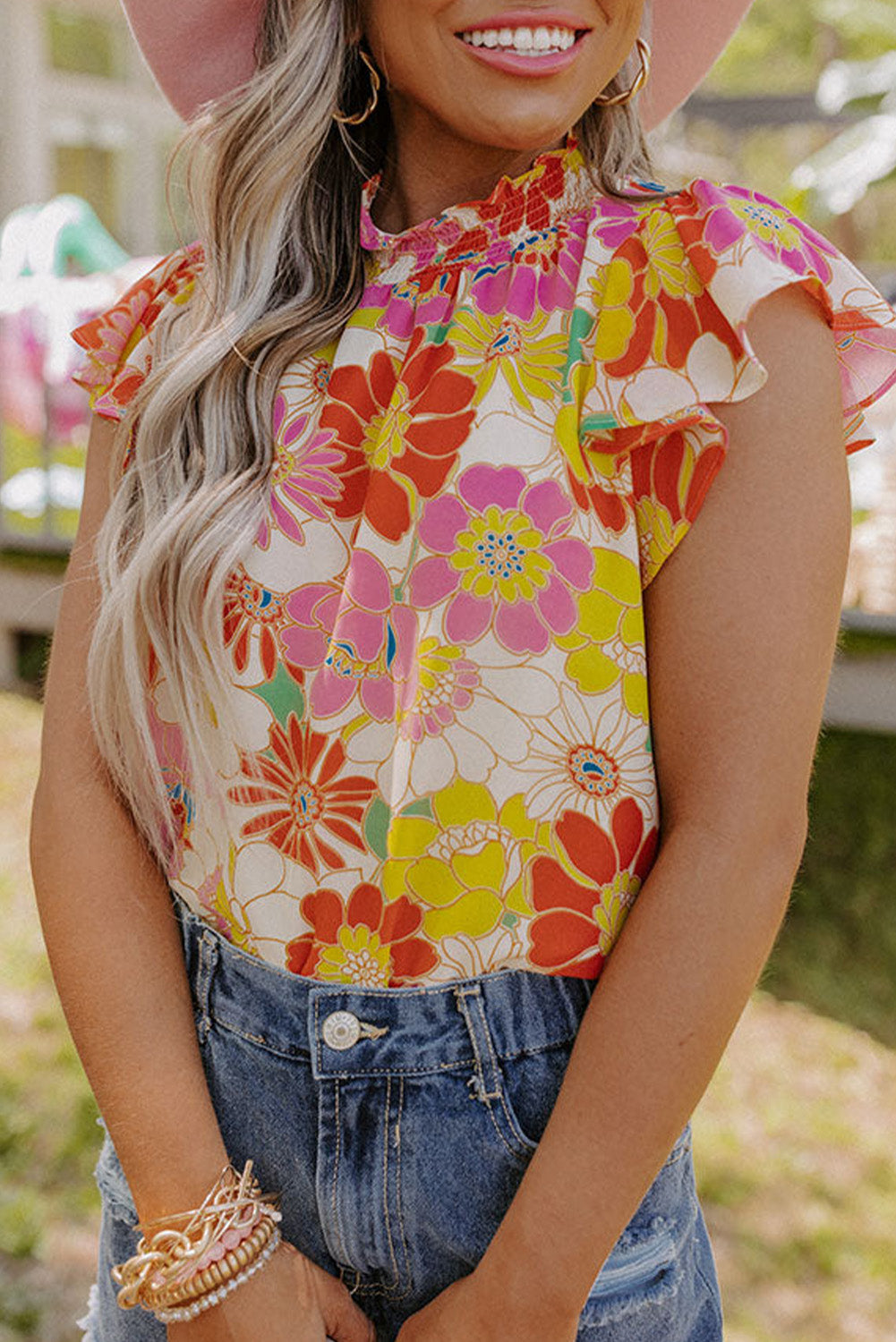 Azura Exchange Floral Flutter Sleeves Stand Collar Top - L Main image