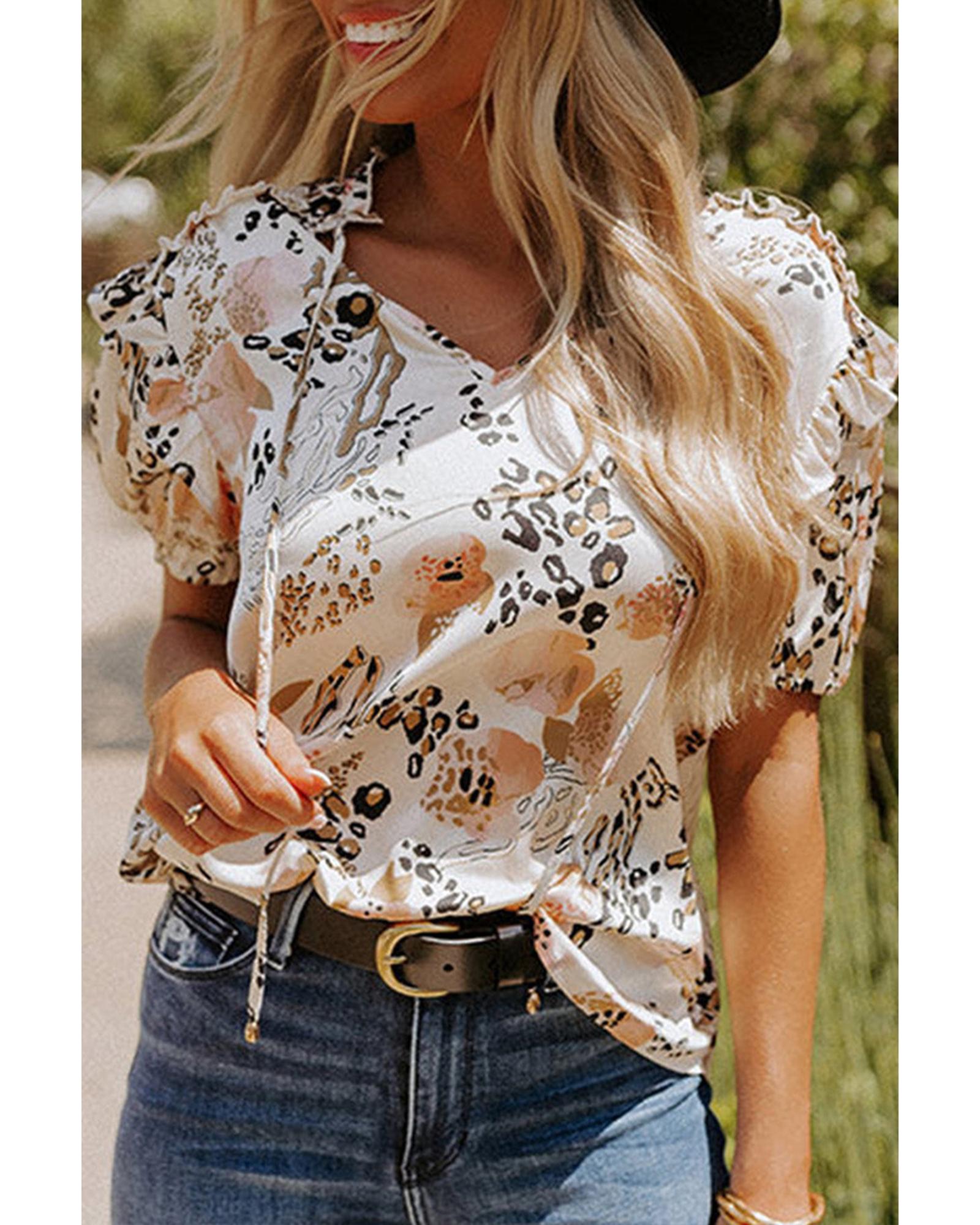 Azura Exchange Leopard Floral Print Puff Sleeve Blouse - L Main image