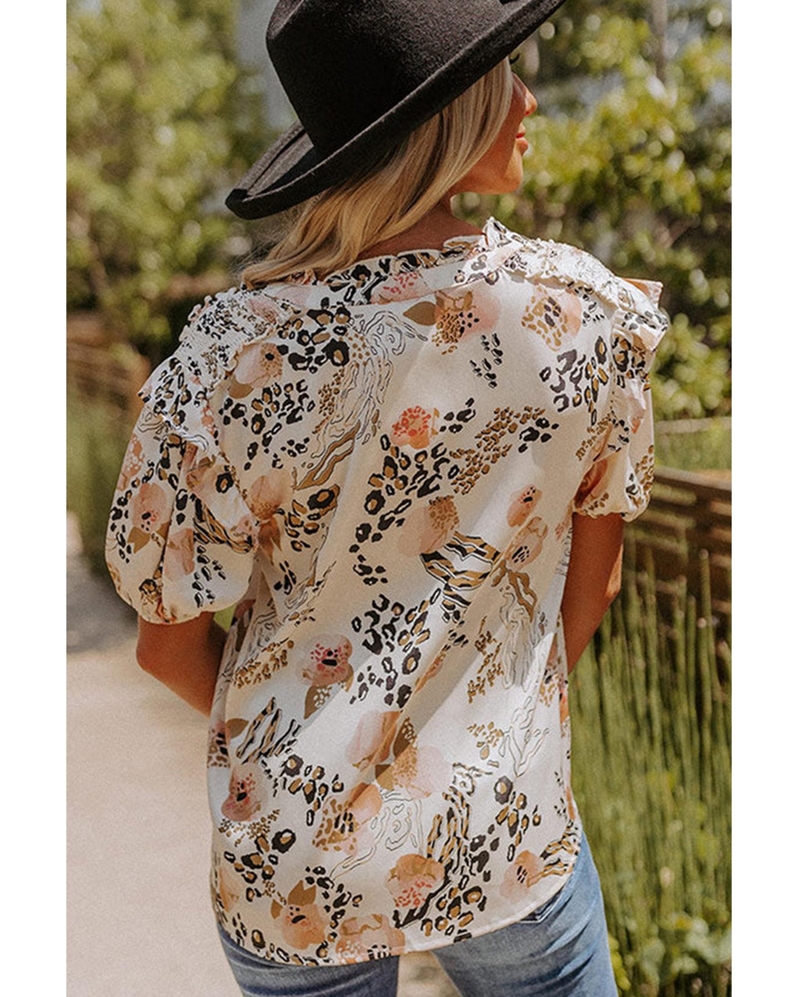 Azura Exchange Leopard Floral Print Puff Sleeve Blouse - M Secondary image