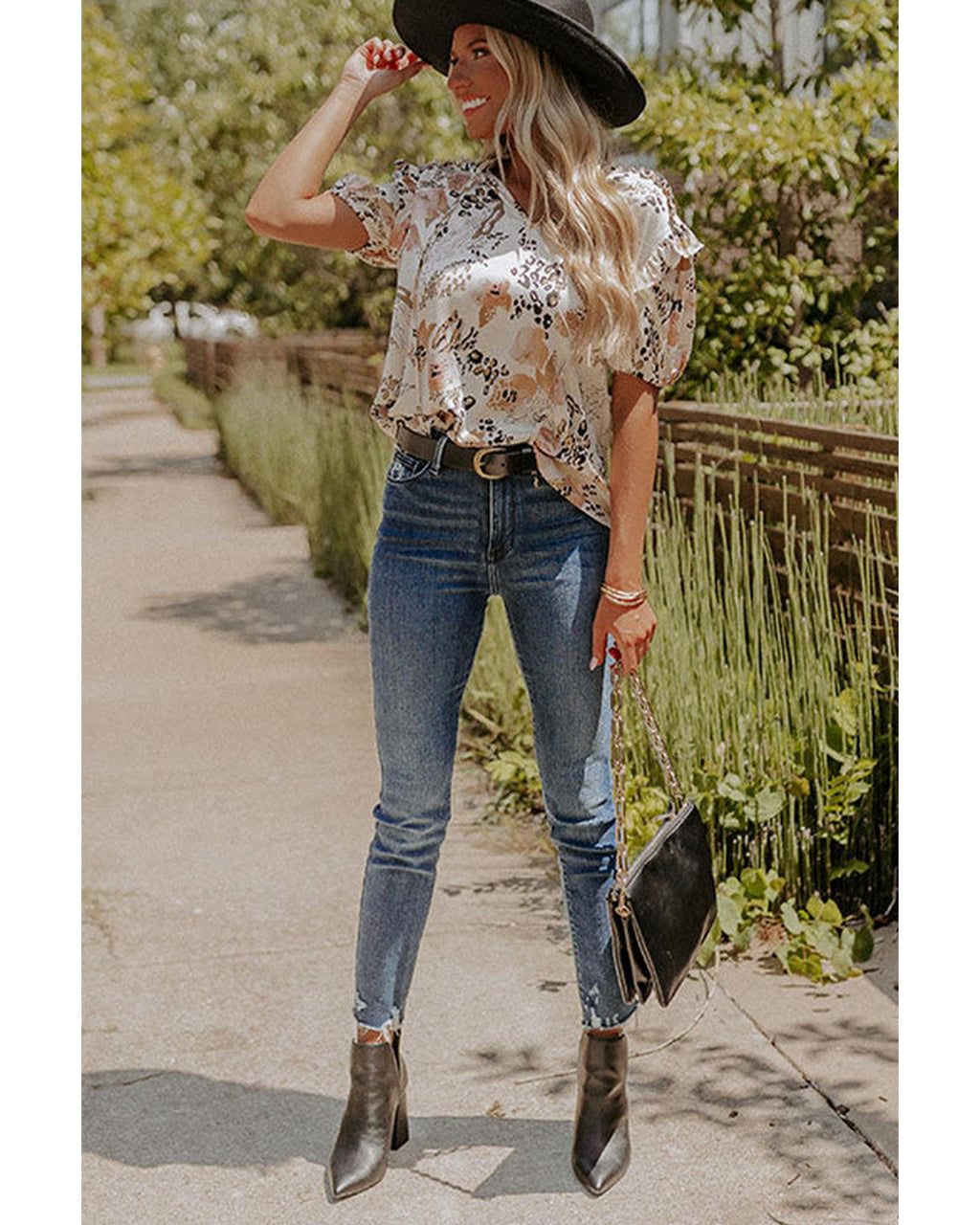 Azura Exchange Leopard Floral Print Puff Sleeve Blouse - XL