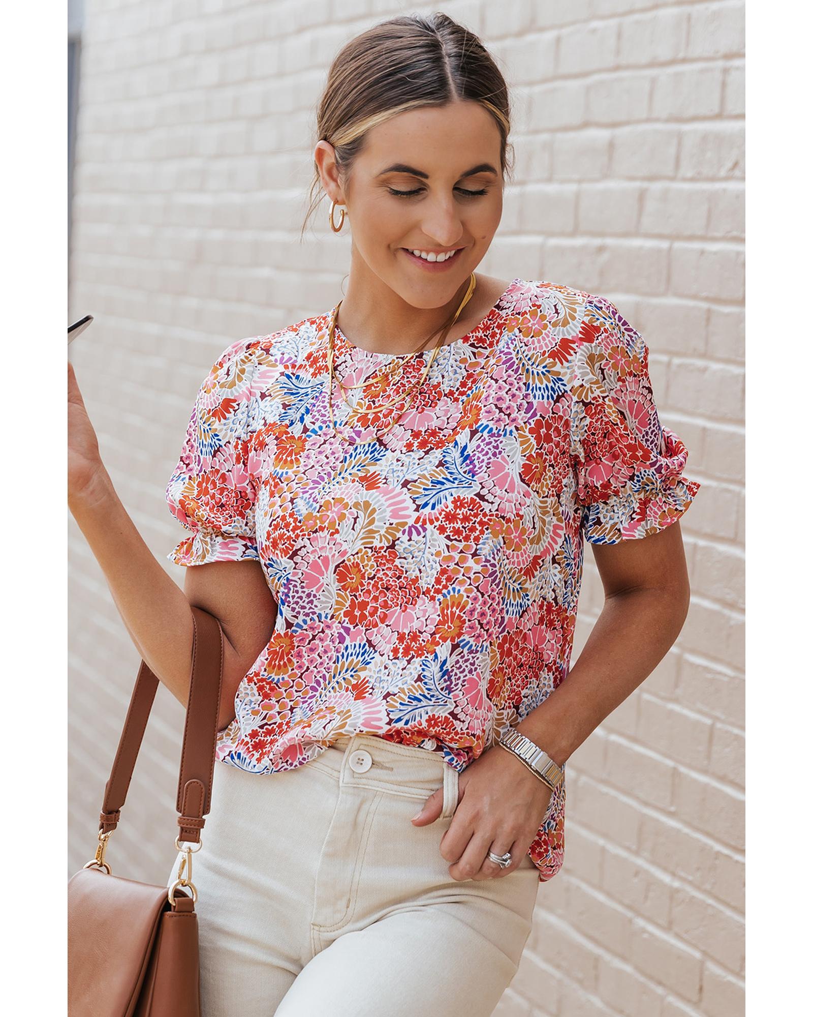 Azura Exchange Floral Pattern Bubble Sleeve Blouse - XL Main image