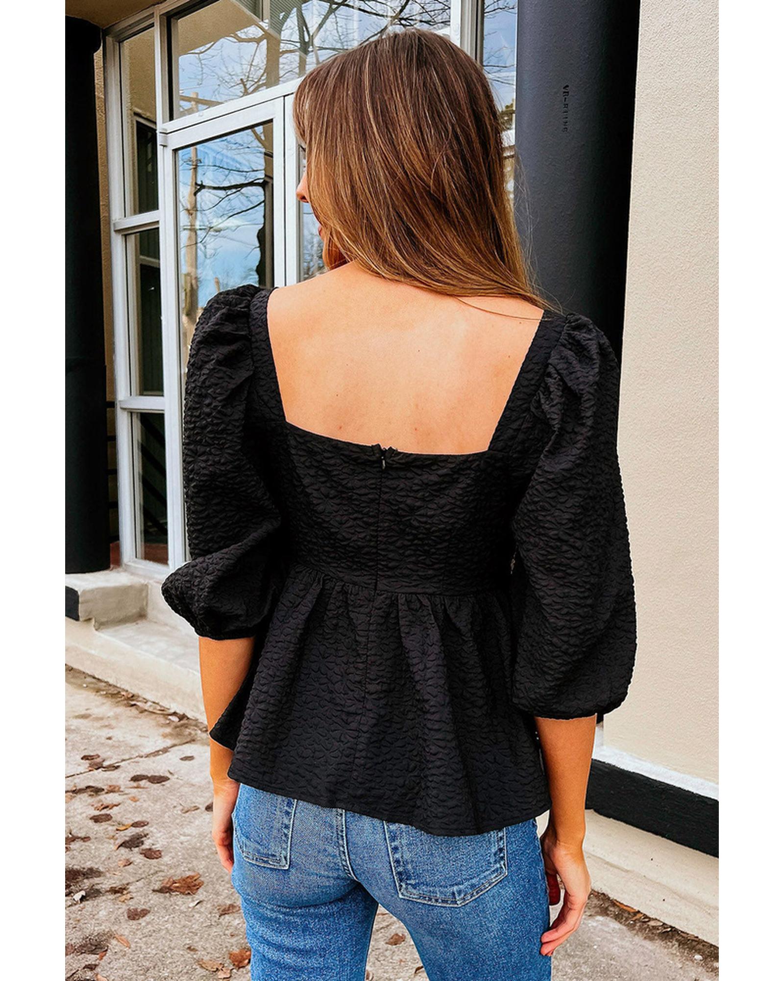 Azura Exchange Textured Square Neck Puff Sleeve Peplum Blouse - S Secondary image