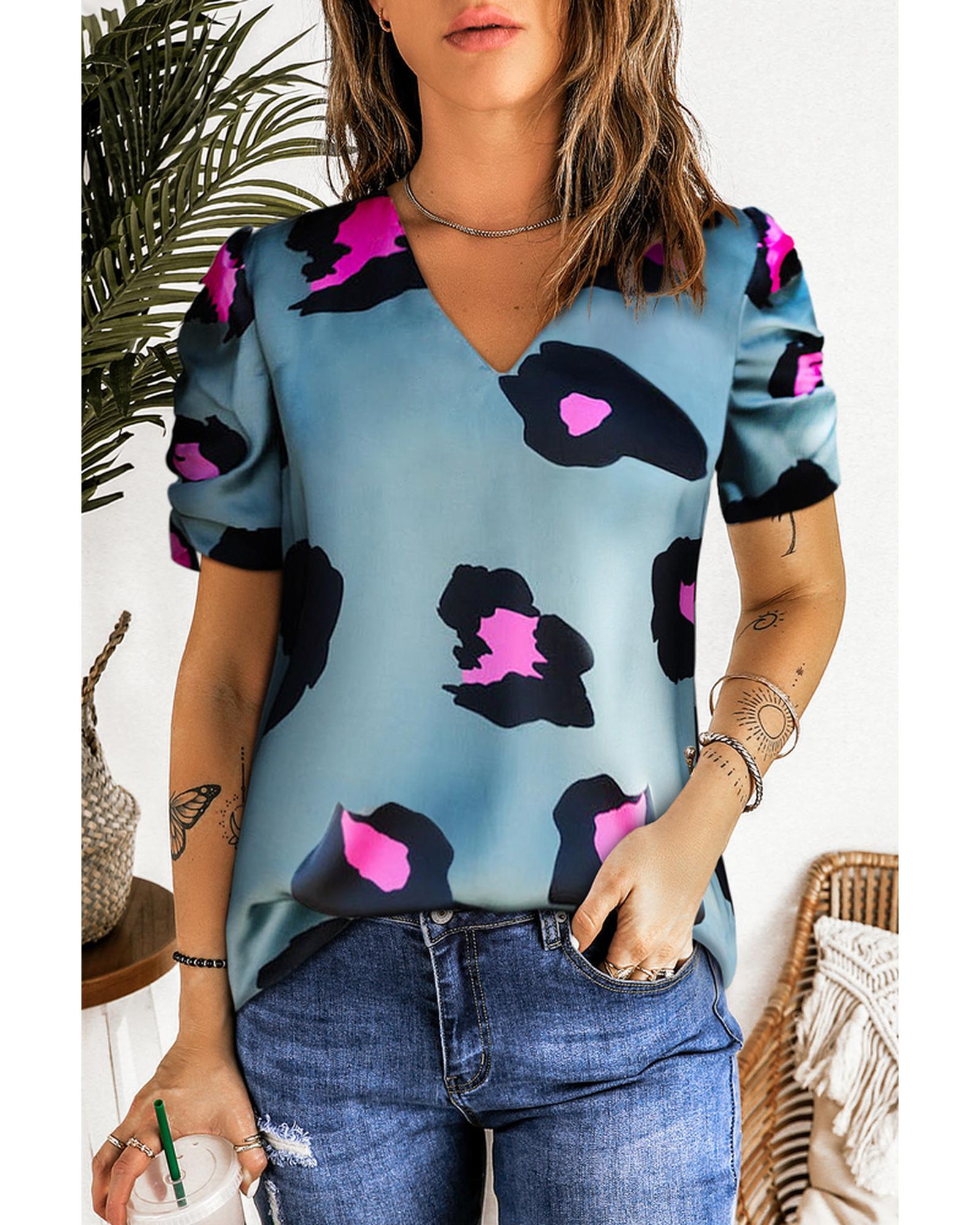 Azura Exchange Leopard Print Ruched Short Sleeve Blouse - M Main image