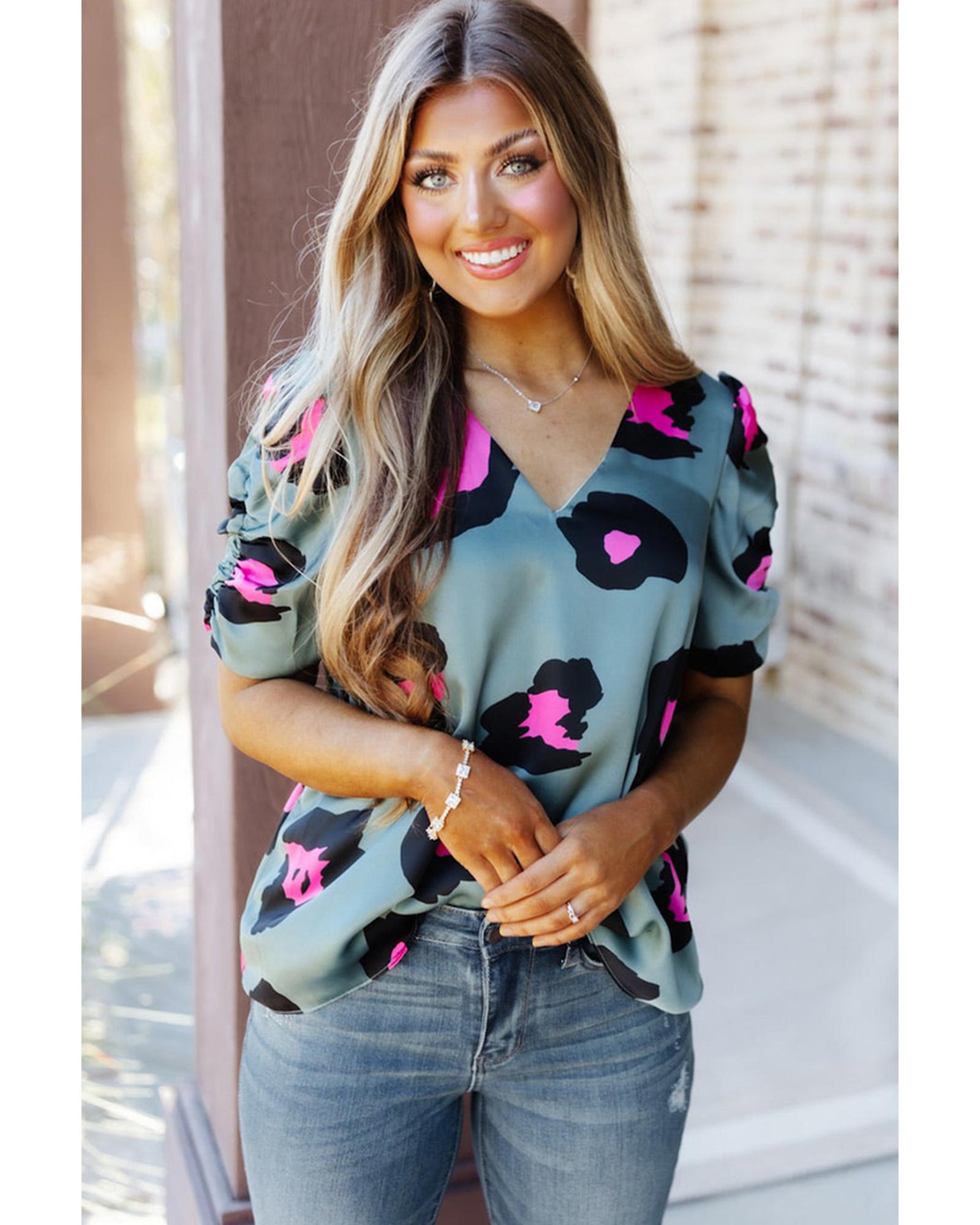 Azura Exchange Leopard Print Ruched Short Sleeve Blouse - S