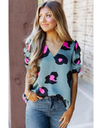 Azura Exchange Leopard Print Ruched Short Sleeve Blouse - S