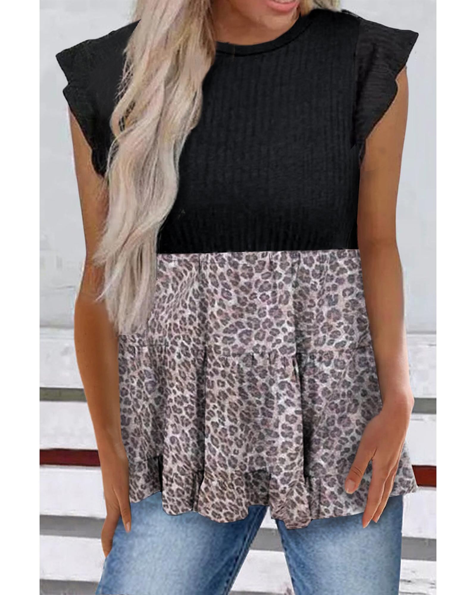 Azura Exchange Ruffle Sleeve Leopard Splice Blouse - S Main image