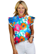Azura Exchange Abstract Print High Neck Flutter Sleeves Top - L