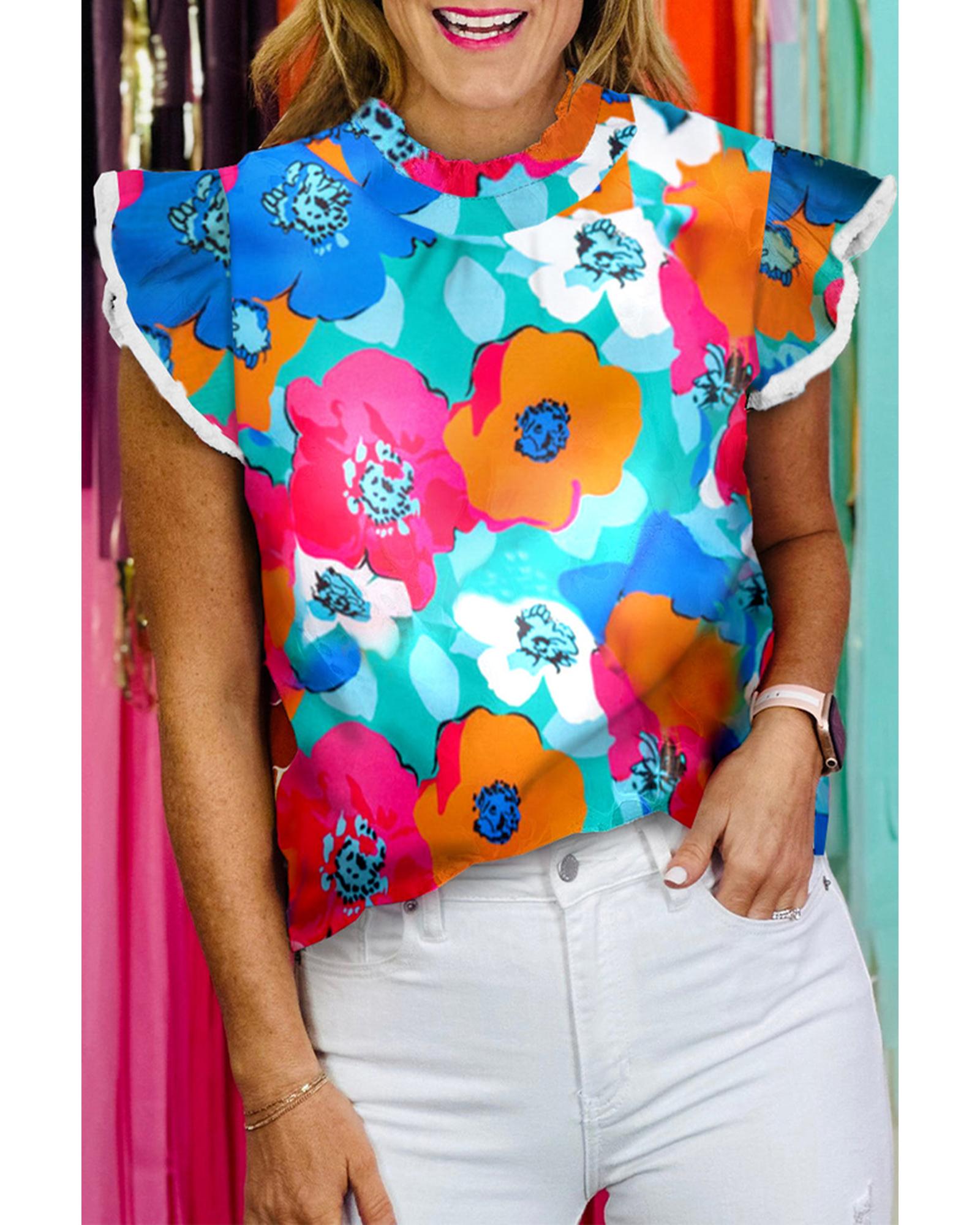 Azura Exchange Abstract Print High Neck Flutter Sleeves Top - M Main image