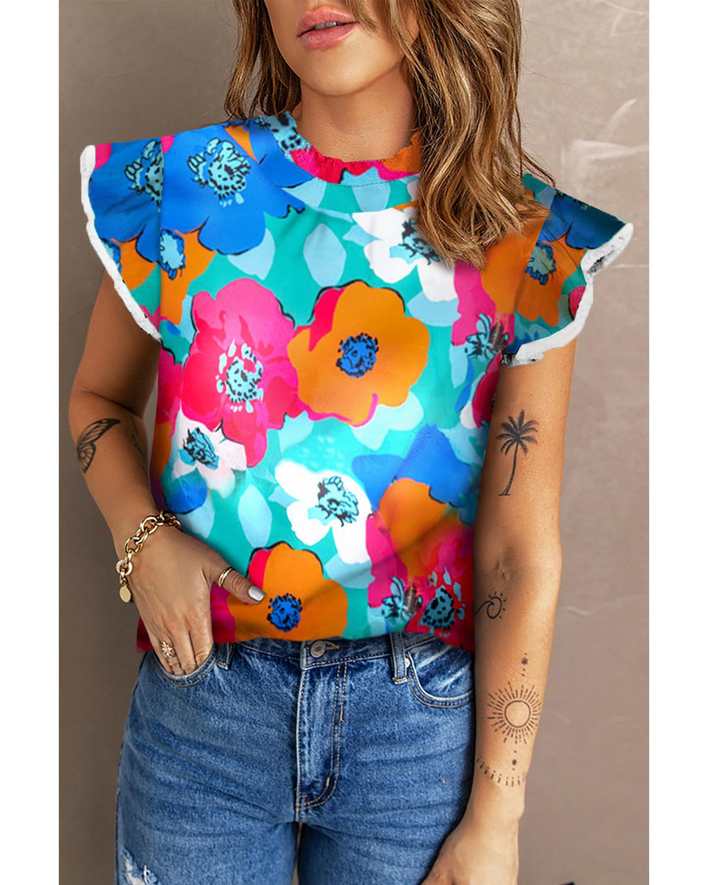 Azura Exchange Abstract Print High Neck Flutter Sleeves Top - M
