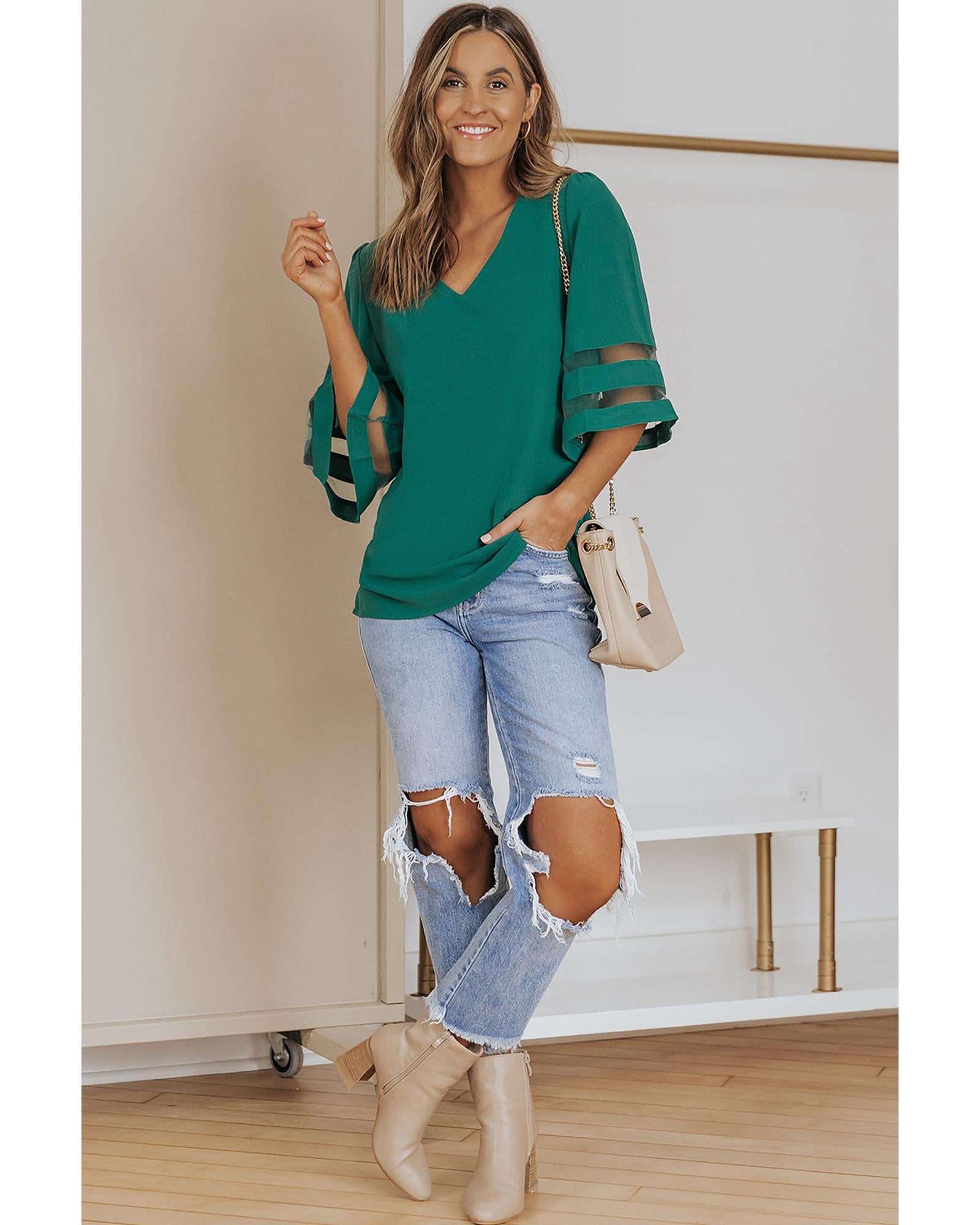 Azura Exchange Flare Sleeve V Neck Loose Blouse - L Secondary image