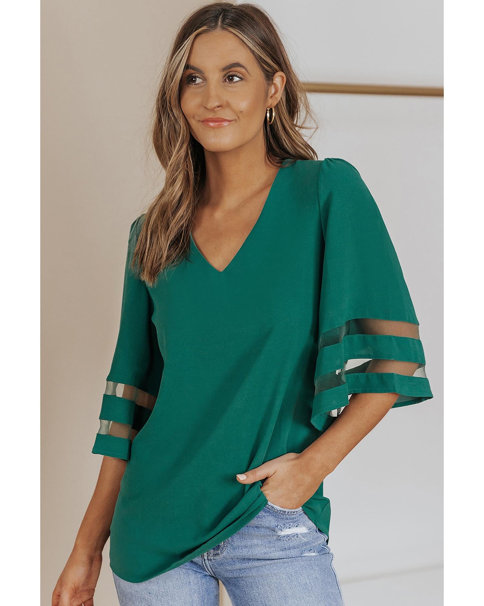 Azura Exchange Flare Sleeve V Neck Loose Blouse - S Main image