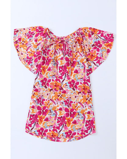 Azura Exchange Floral Print Top with Flutter Sleeves - L