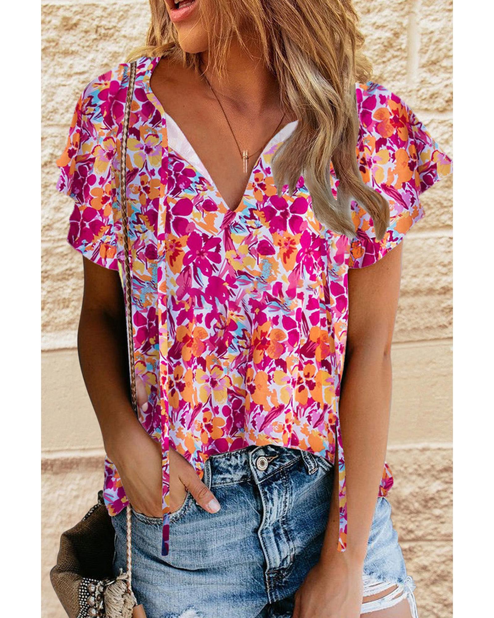 Azura Exchange Floral Print Top with Flutter Sleeves - M Main image