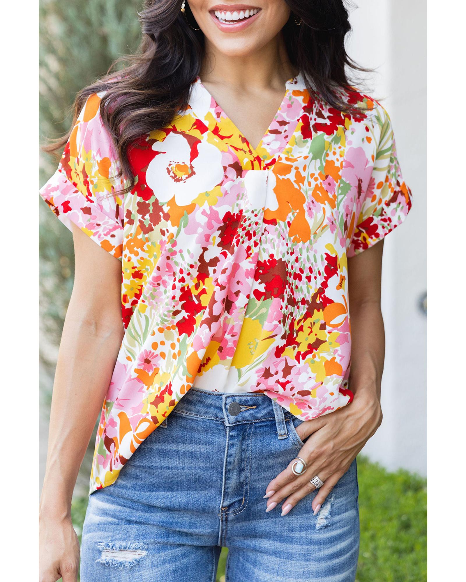 Azura Exchange Floral Print V Neck Short Sleeves Top - L Secondary image