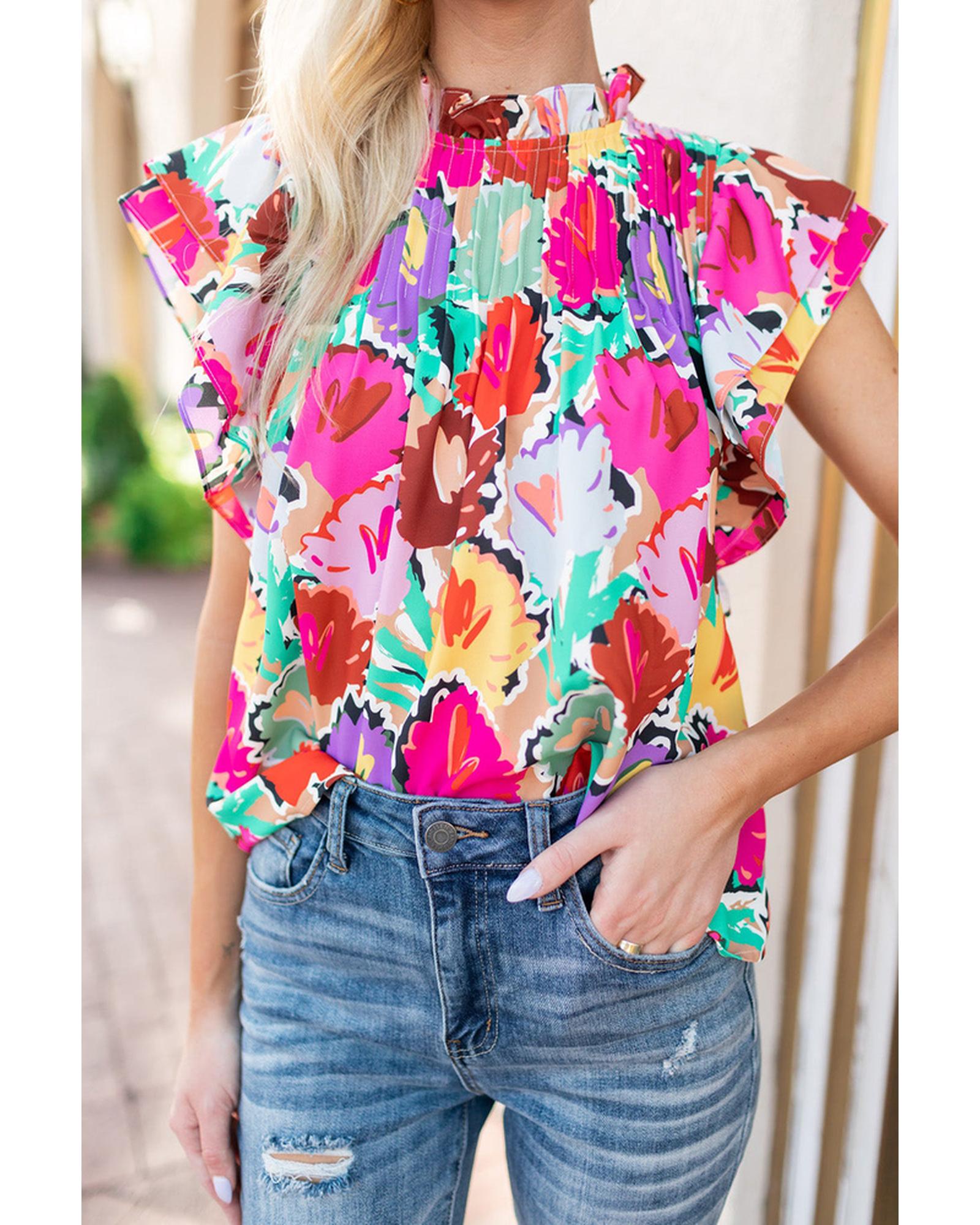 Azura Exchange Abstract Floral Print Frilled Neck Pleated Blouse - L Main image