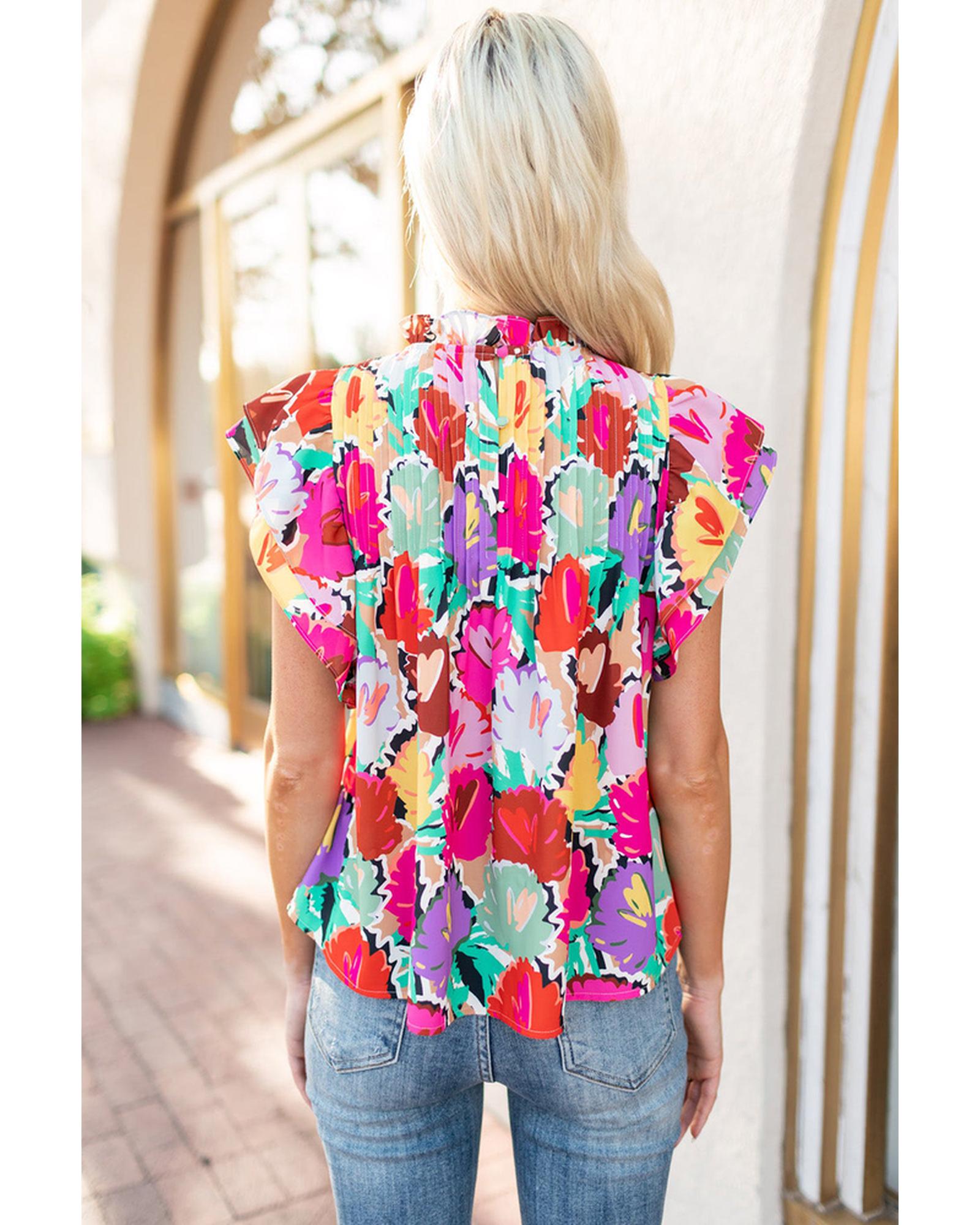 Azura Exchange Abstract Floral Print Frilled Neck Pleated Blouse - L Secondary image