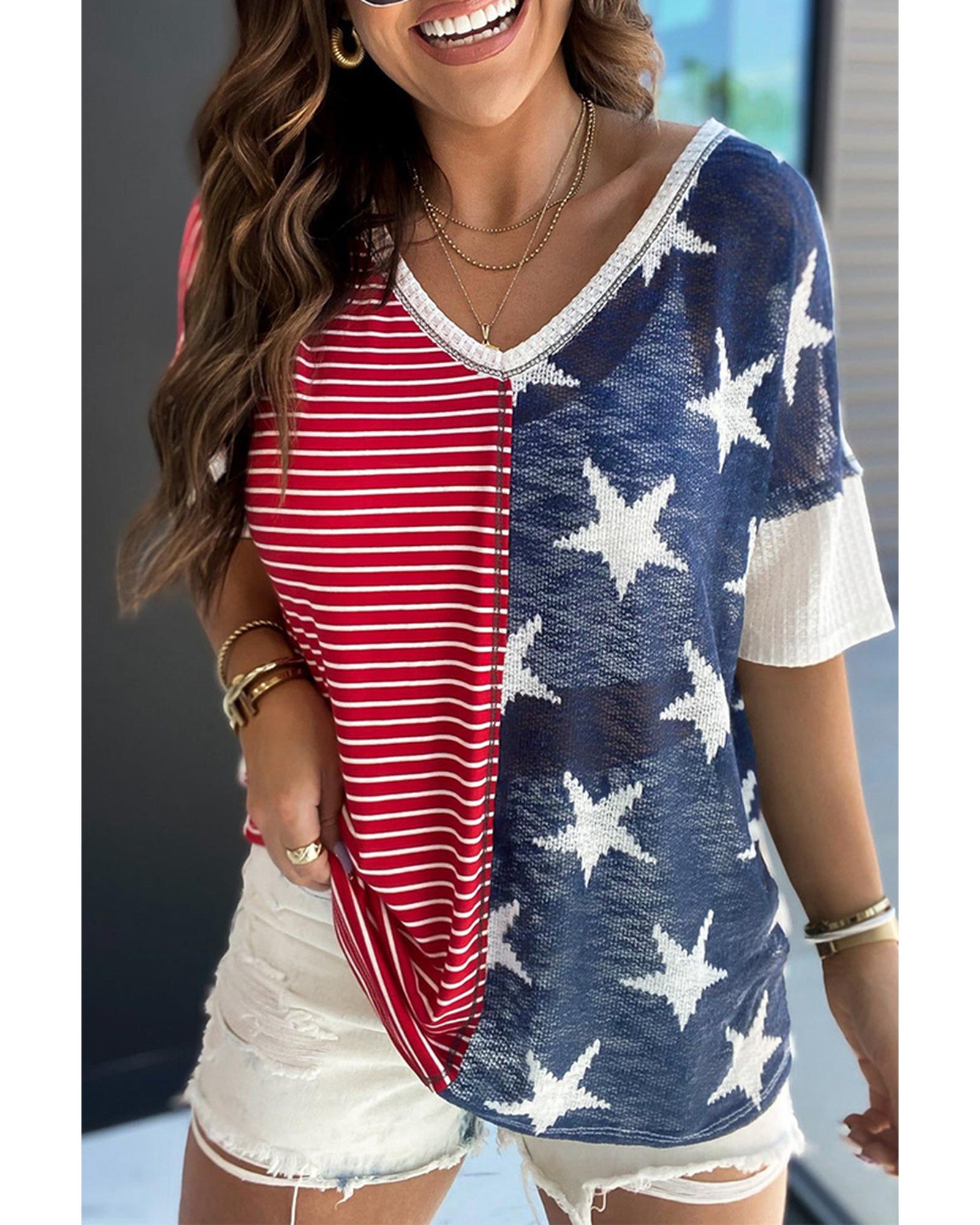 Azura Exchange Striped Star Print Knit Short Sleeve Top - S Main image