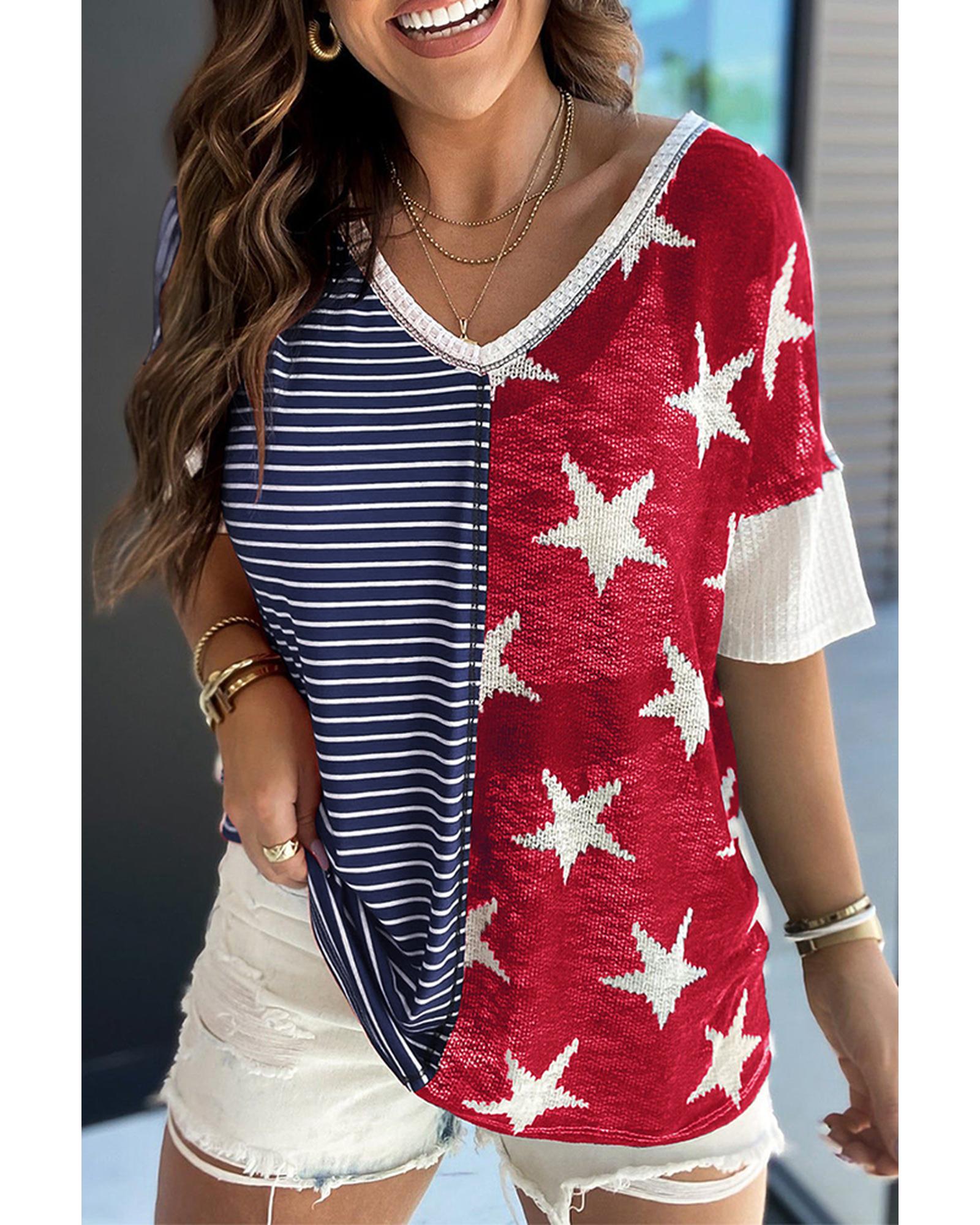 Azura Exchange Stripes Stars Print Knit Short Sleeves Top - S Main image