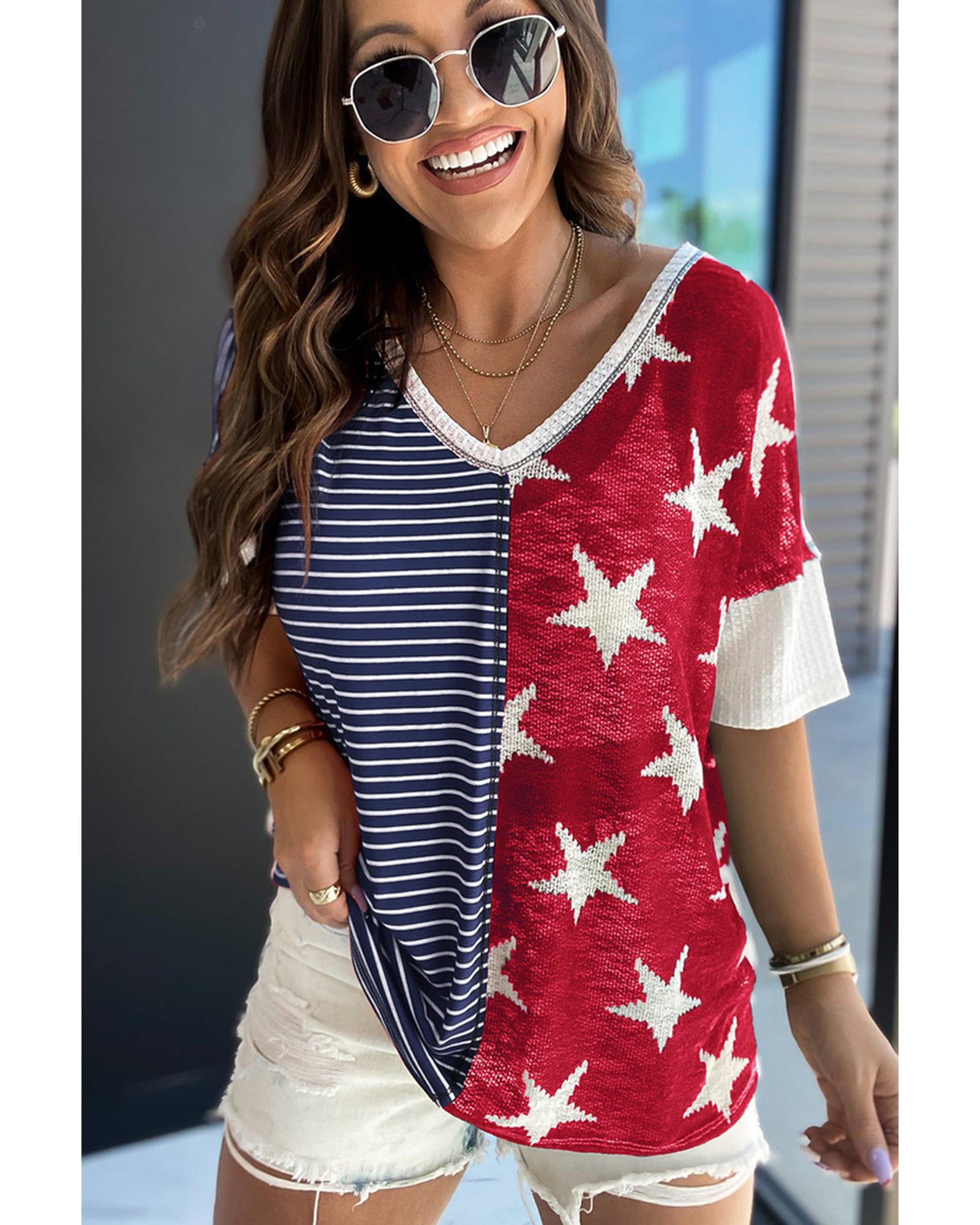 Azura Exchange Stripes Stars Print Knit Short Sleeves Top - S Secondary image
