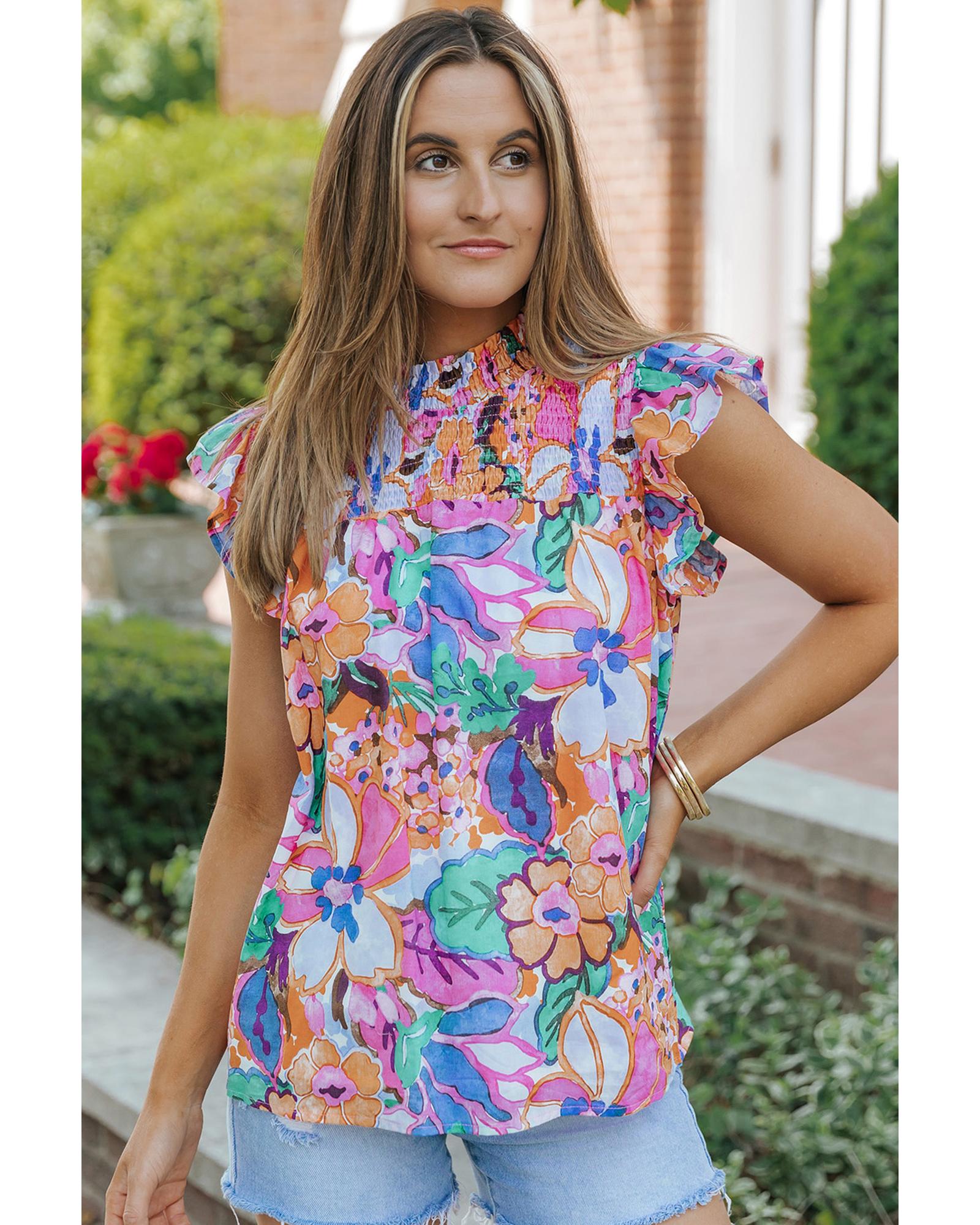 Azura Exchange Flutter Sleeves Smocked Neck Blouse with Floral Print - M Main image