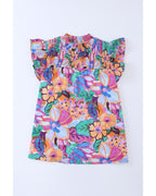 Azura Exchange Flutter Sleeves Smocked Neck Blouse with Floral Print - M