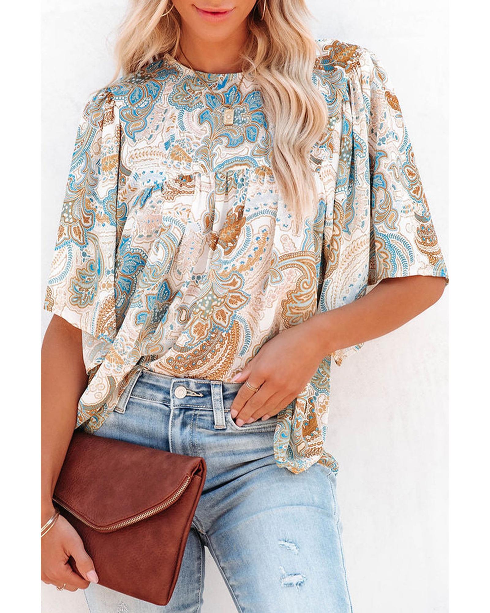 Azura Exchange Paisley Print Wide Sleeves Loose Blouse - S Main image