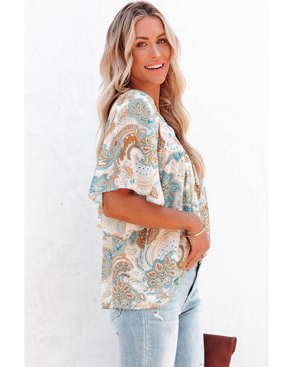 Azura Exchange Paisley Print Wide Sleeves Loose Blouse - S