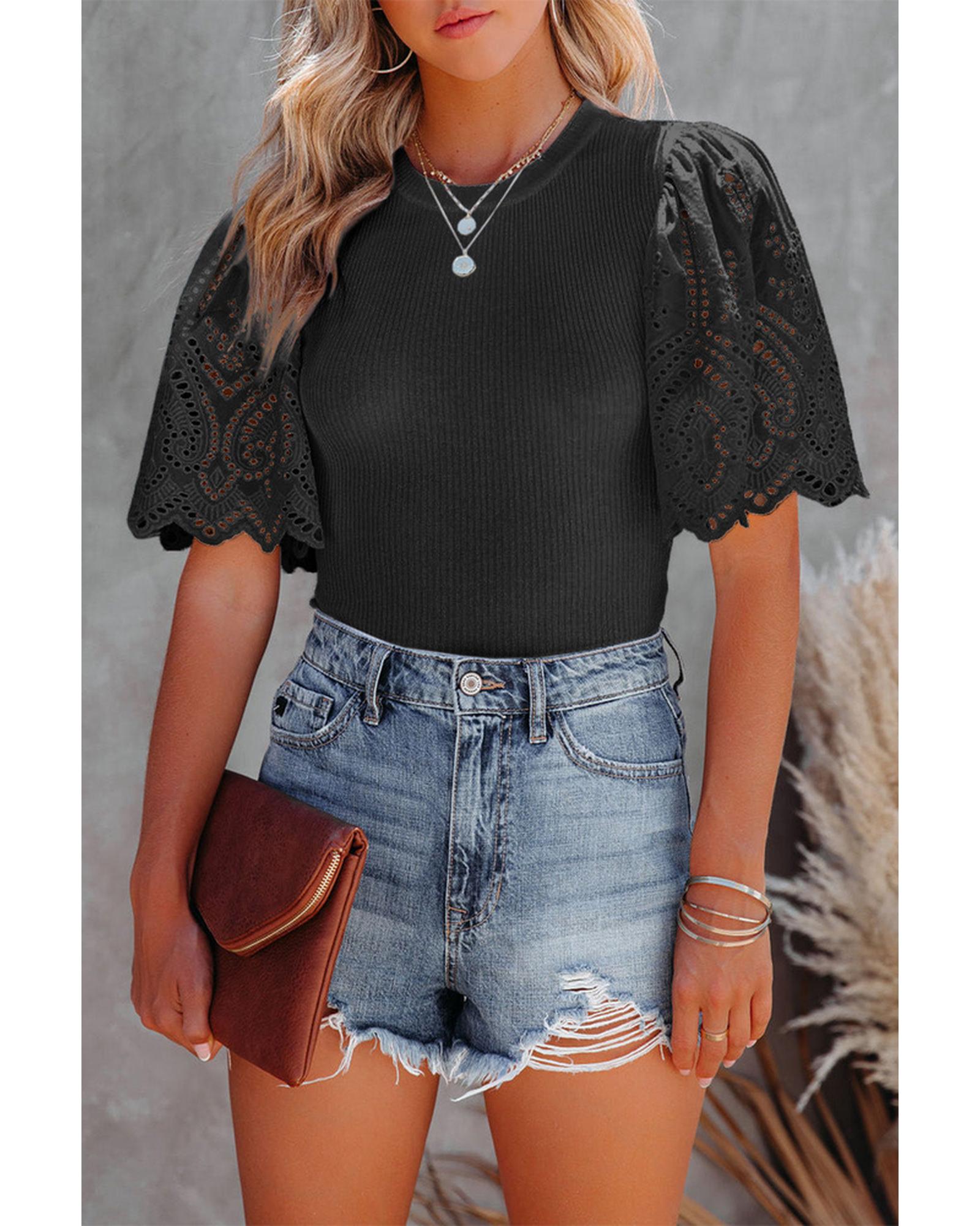 Azura Exchange Eyelet Sleeve Ribbed Knit Top - XL Main image