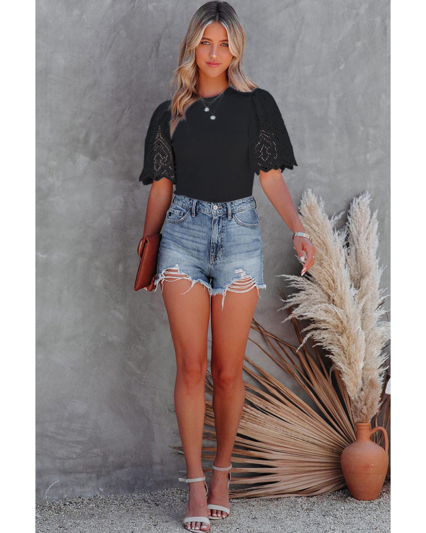 Azura Exchange Eyelet Sleeve Ribbed Knit Top - XL