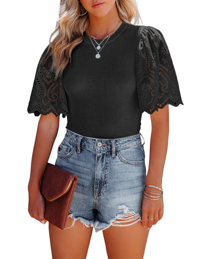 Azura Exchange Eyelet Sleeve Ribbed Knit Top - XL