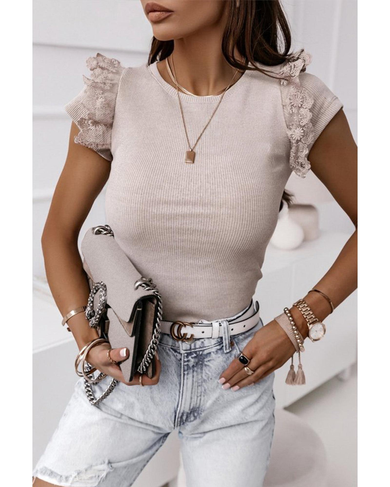 Azura Exchange Lace Patchwork Ribbed Short Sleeve T-Shirt - S Main image