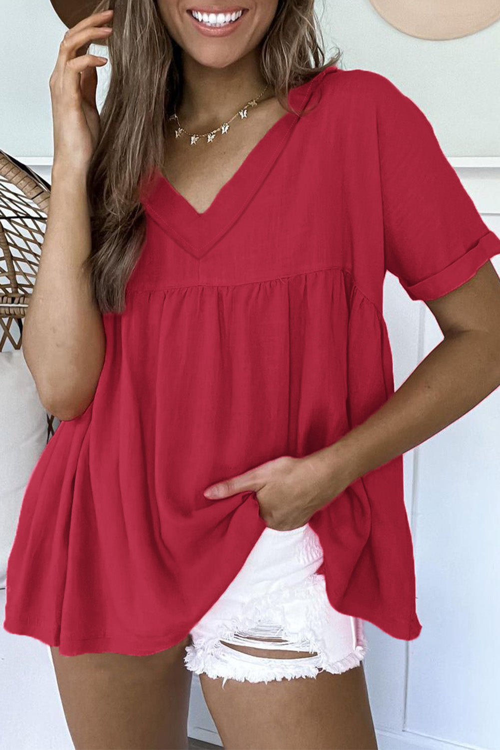 Azura Exchange Frayed V Neck Ruffled Blouse - S Main image