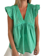 Azura Exchange Eyelet V Neckline Ruffle Swiss Dot Top - XL