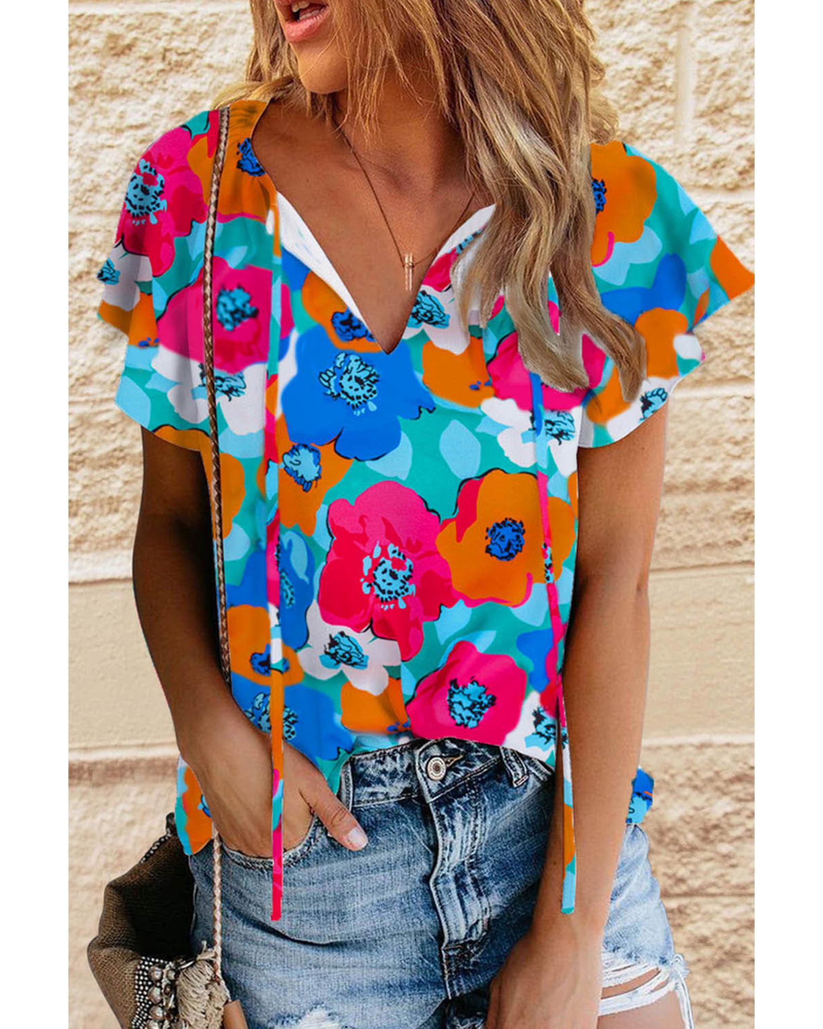 Azura Exchange Floral Print Drawstring V Neck Short Sleeve Blouse - M Main image