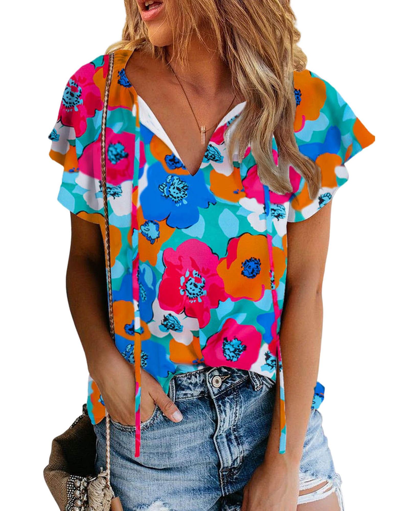Azura Exchange Floral Print Drawstring V Neck Short Sleeve Blouse - M Secondary image