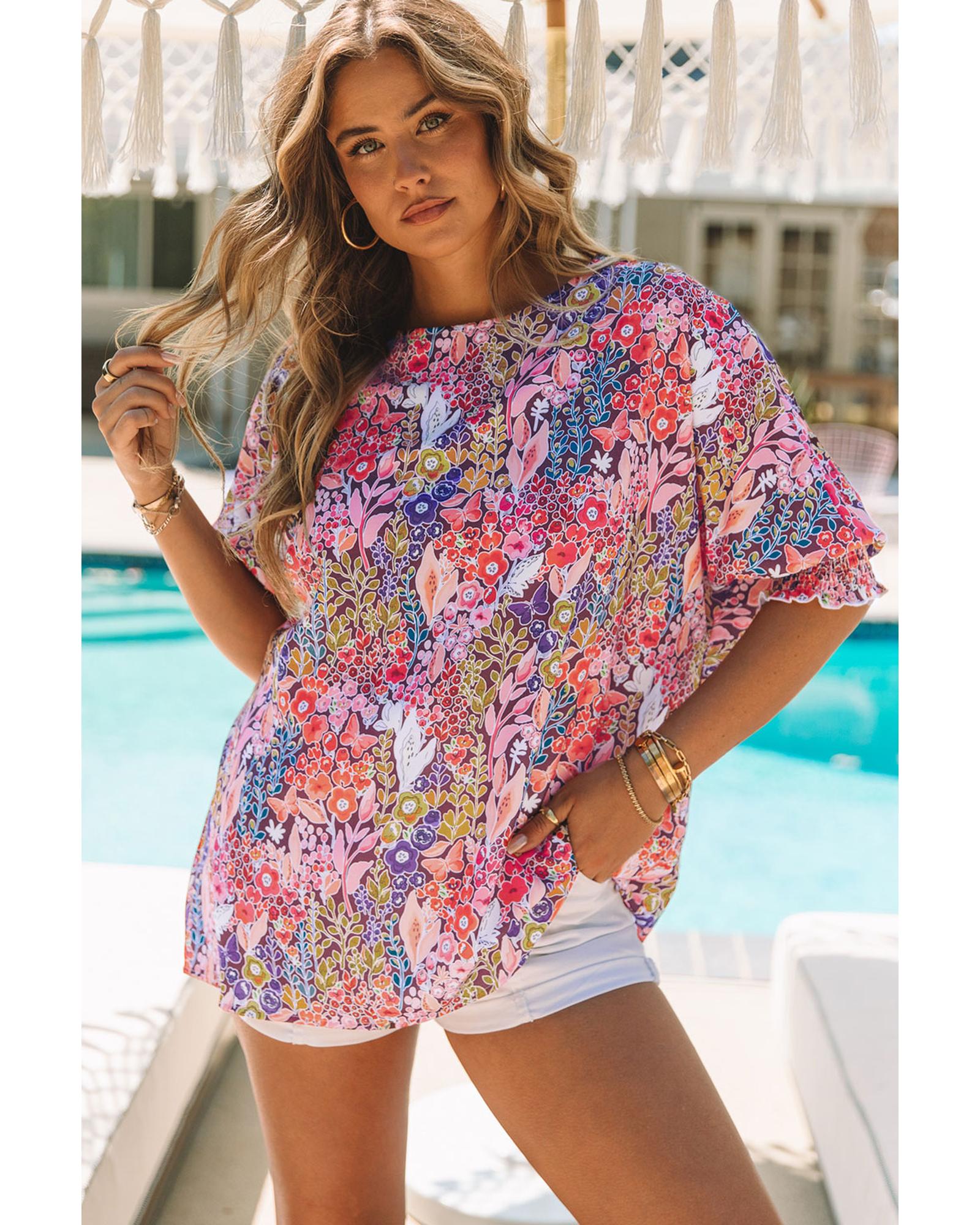 Azura Exchange Floral Print Shirred Sleeve Tunic Blouse - M Main image