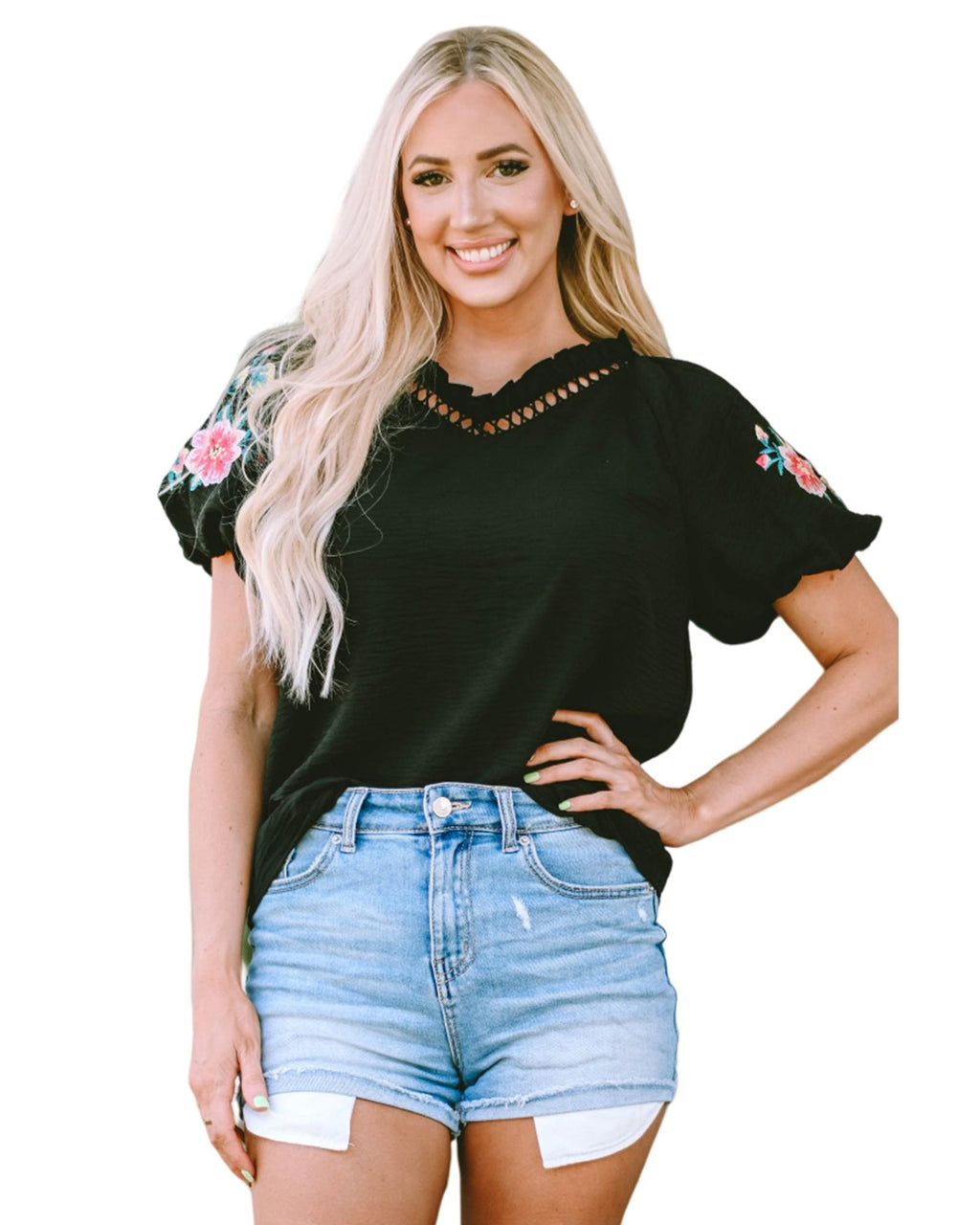 Azura Exchange Embroidered Bubble Sleeve Frill V Neck Top - M