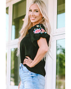 Azura Exchange Embroidered Bubble Sleeve Frill V Neck Top - S