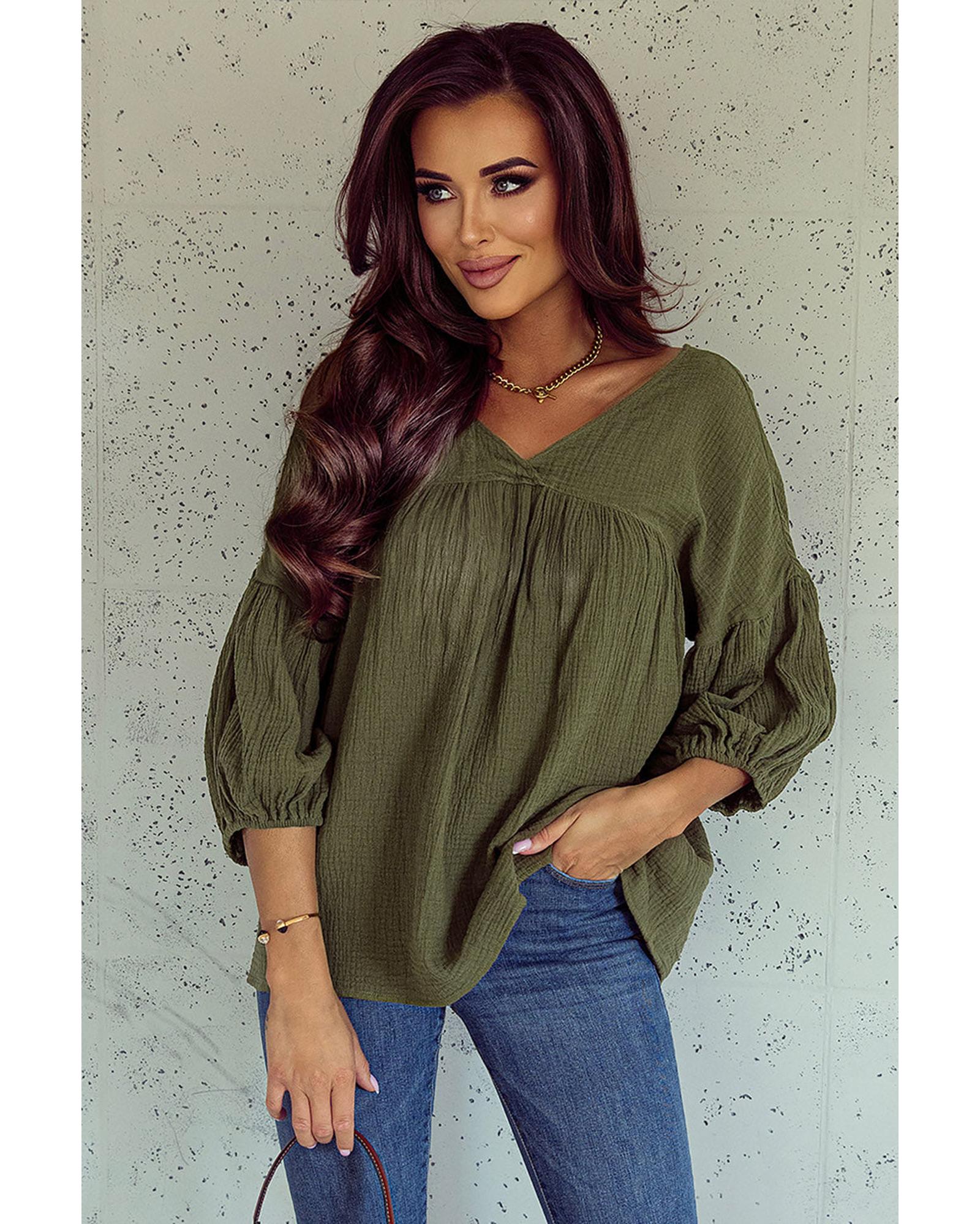 Azura Exchange Textured V Neck Bracelet Sleeve Babydoll Blouse - XL Main image