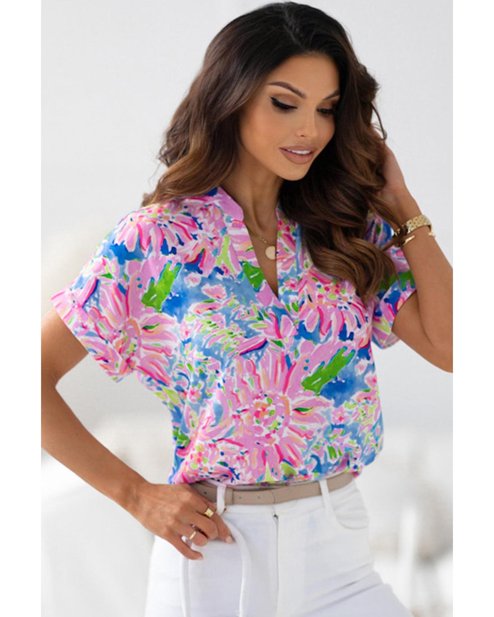 Azura Exchange Abstract Floral Print Notch V Neck Blouse - S Secondary image