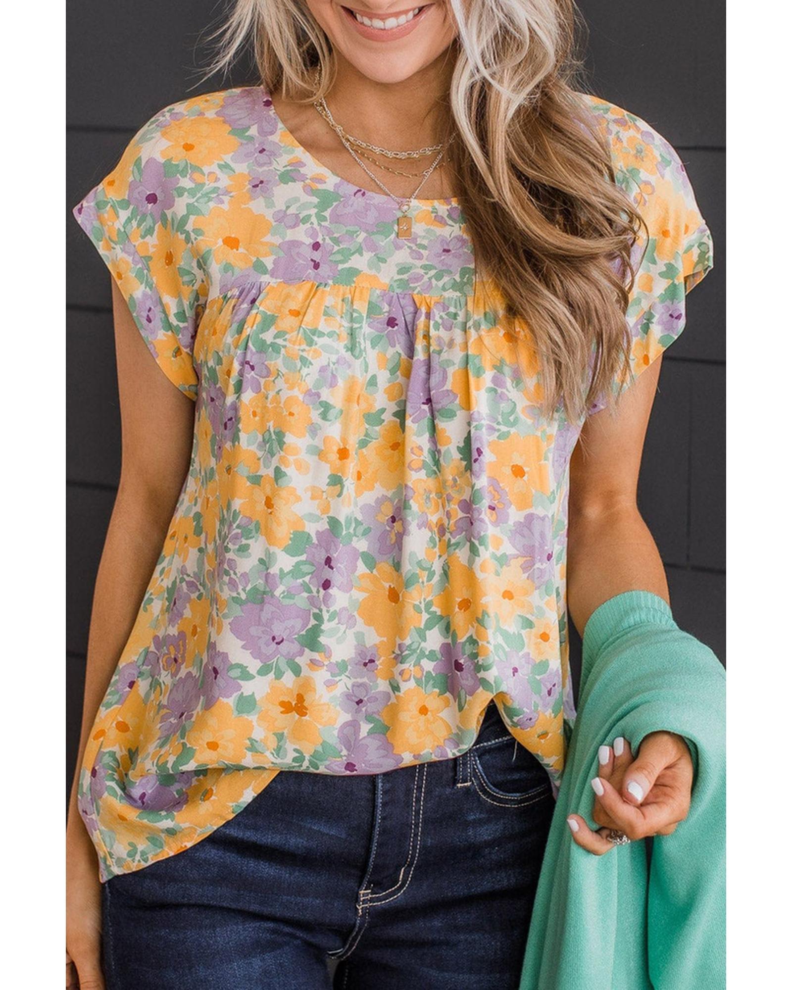 Azura Exchange Print Keyhole Back Short Sleeve Babydoll Blouse - XL Main image