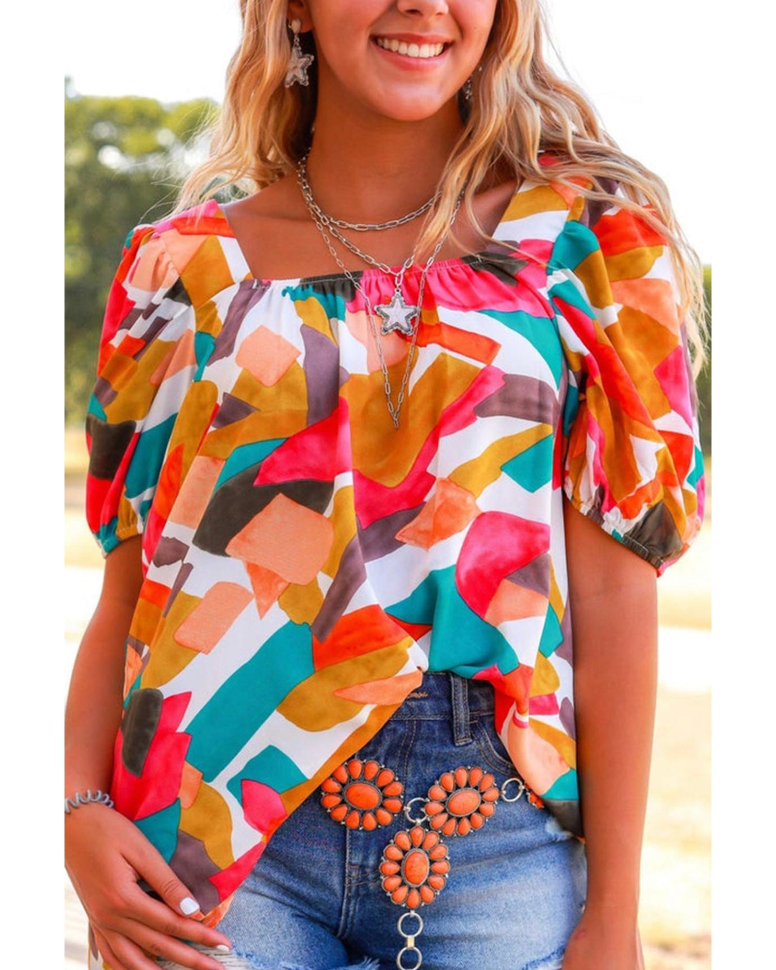Azura Exchange Abstract Print Square Neck Short Sleeve Blouse - L Main image